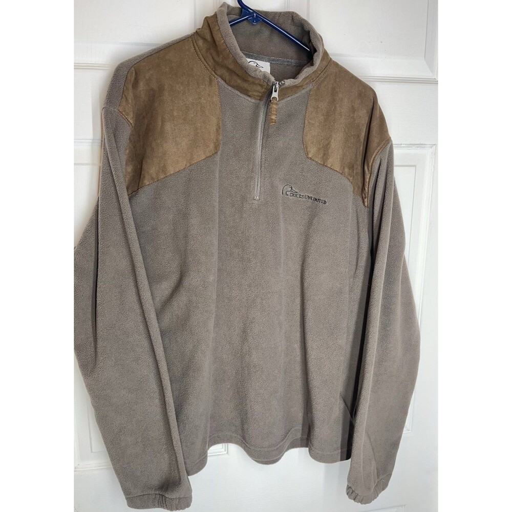 Ducks Unlimited Logo Pullover L/S Quarter Zip Fleece & Faux Suede Brown Men’s XL
